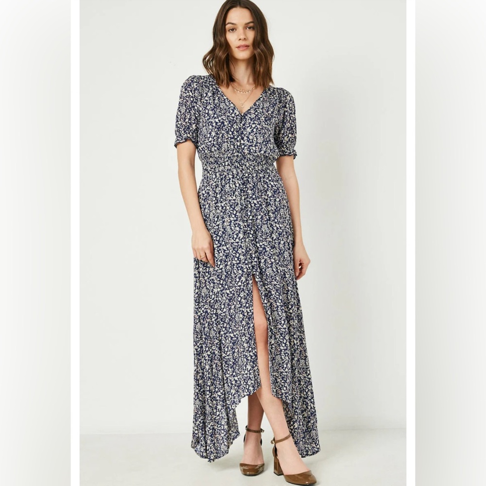 Hayden Los Angeles Floral V-Neck Dress with Buttons - Blue